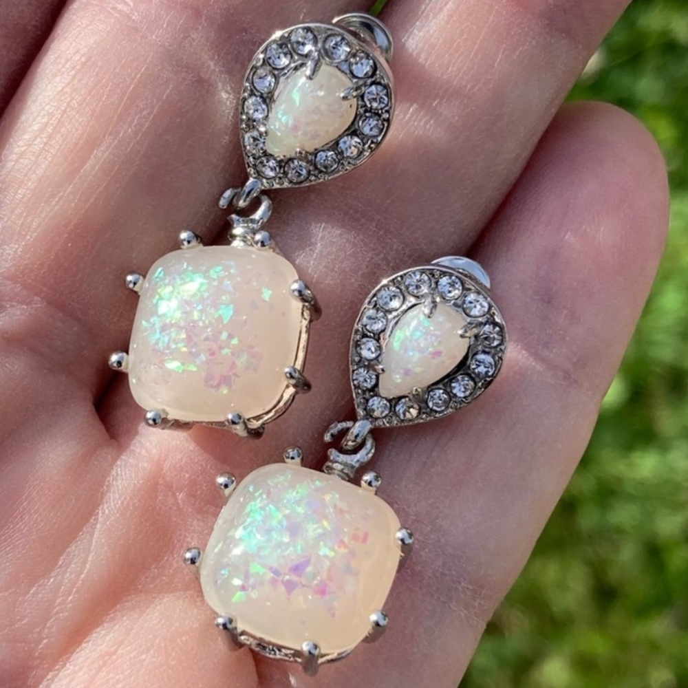 Genuine Fire Opal 925 Silver Earrings with simulated Diamonds - Picture 3 of 7